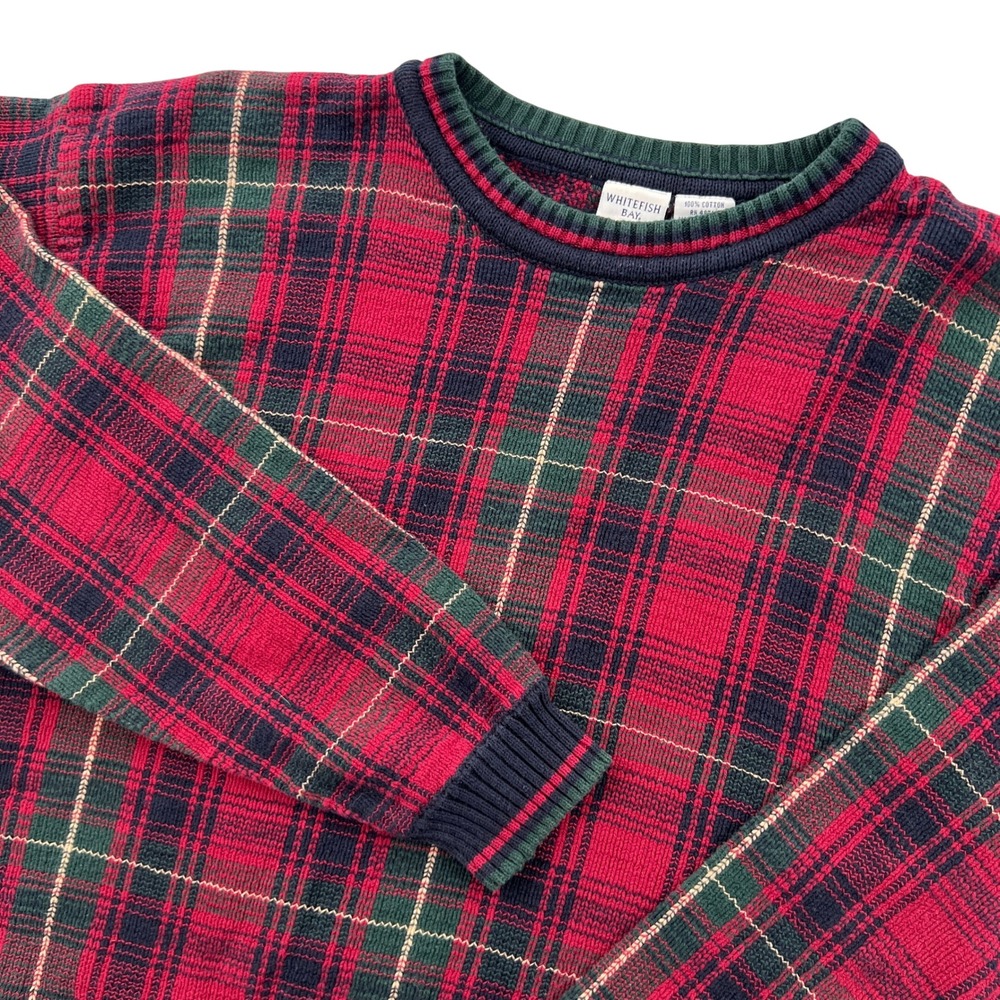 VTG 90s Whitefish Bay Sweater Mens M Red Plaid Cotton Knit Pullover Ivy Academia